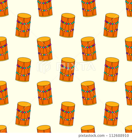 Seamless Pattern with Holi Drums Dhol elements. Design for celebration of Indian festival of love and color. Vector flat illustration. Seamless Pattern with Holi Drums Dhol elements. Design for celebration of Indian festival of love and color. Vector flat illustration. 112688910