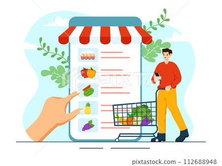 Online Grocery Store Vector Illustration with Food Product Shelves, Racks Dairy, Fruits and Drinks for Shopping Order via Telephone in Background 112688948