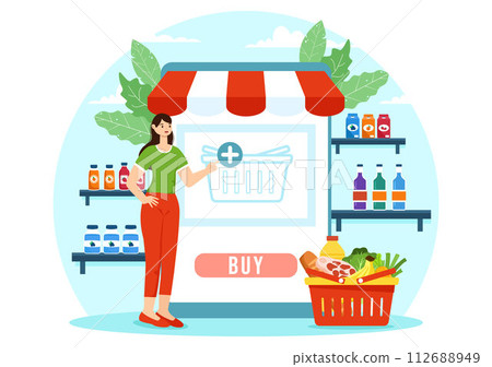 Online Grocery Store Vector Illustration with Food Product Shelves, Racks Dairy, Fruits and Drinks for Shopping Order via Telephone in Background 112688949