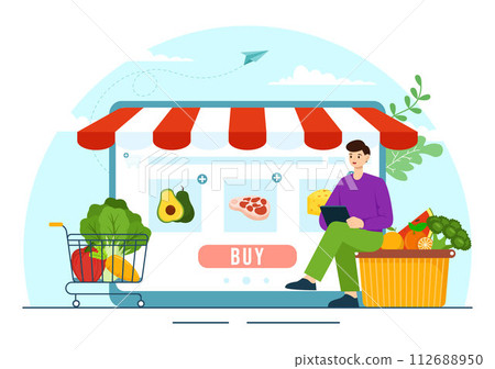 Online Grocery Store Vector Illustration with Food Product Shelves, Racks Dairy, Fruits and Drinks for Shopping Order via Telephone in Background Online Grocery Store Vector Illustration with Food Product Shelves, Racks Dairy, Fruits and Drinks for Shopping Order via Telephone in Background 112688950