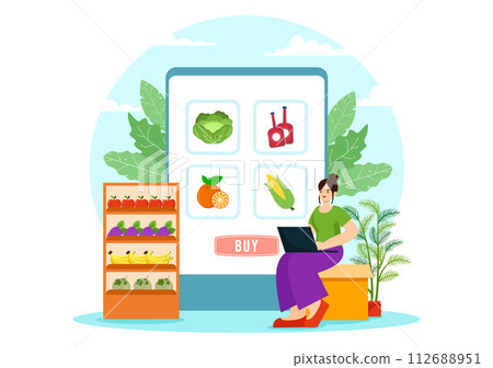 Online Grocery Store Vector Illustration with Food Product Shelves, Racks Dairy, Fruits and Drinks for Shopping Order via Telephone in Background Online Grocery Store Vector Illustration with Food Product Shelves, Racks Dairy, Fruits and Drinks for Shopping Order via Telephone in Background 112688951