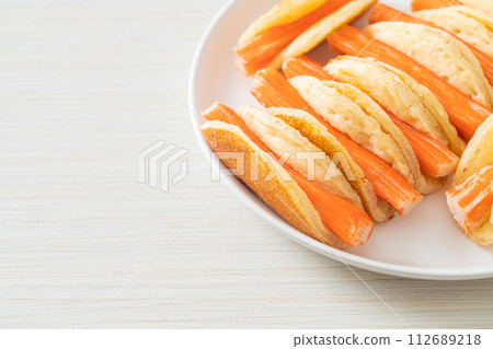 flat pancake roll with crab stick flat pancake roll with crab stick 112689218