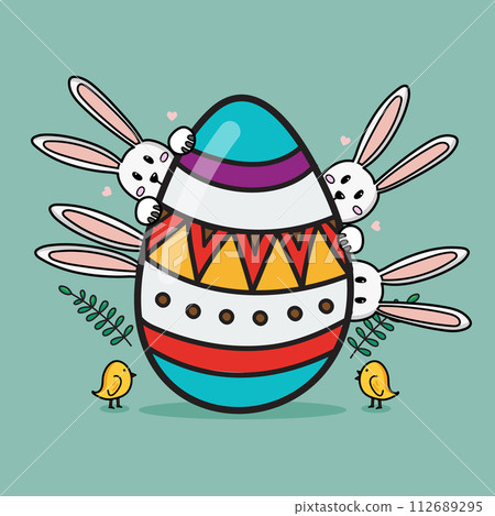 Happy easter with bunnies and easter egg doodle style 112689295