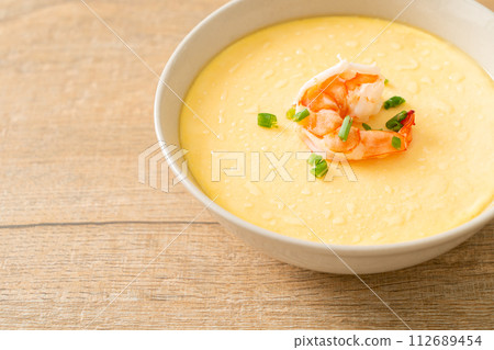 Steamed egg with shrimp and spring onions Steamed egg with shrimp and spring onions 112689454