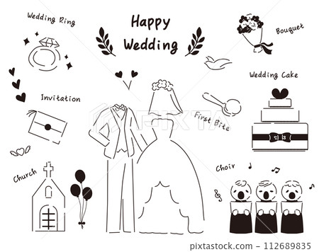 Illustration materials related to weddings, marriage, etc., monochrome 112689835