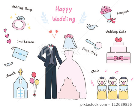 Illustration materials related to weddings, marriage, etc., color with lines 112689836