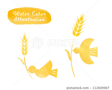 Illustration set of small birds pecking wheat 112689907