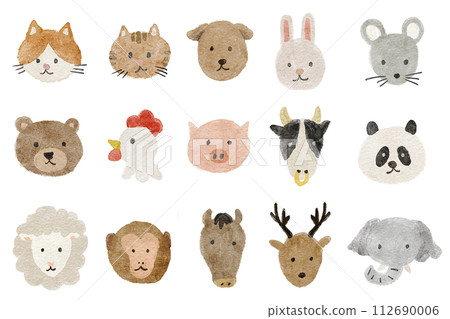 可愛的動物臉水彩插圖集水彩圖標 112690006