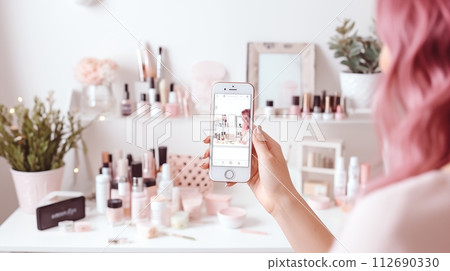 Blogger with makeup, phone ready for video shooting 112690330