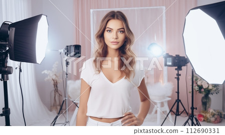 Blogger with makeup, softbox light, ready for work 112690331