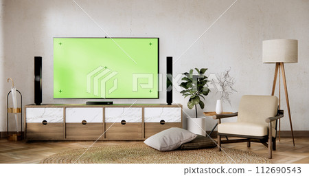 Smart Tv Mockup with blank green screen hanging in modern white empty room interior minimal designs. Smart Tv Mockup with blank green screen hanging in modern white empty room interior minimal designs. 112690543