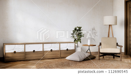 Smart Tv on Cabinet in Living room with white  wall on white floor and armchair. 112690545