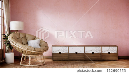 Smart Tv on Cabinet in Living room with white  wall on white floor and armchair. 112690553