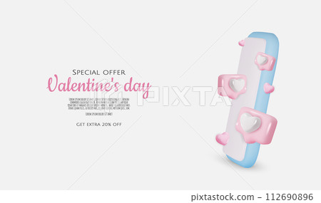 Valentine's day background. 3D valentine illustration with hearts, bubble chat, and smartphone. 112690896