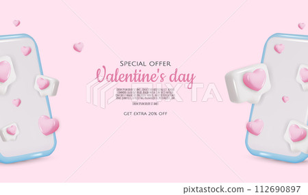 Smartphone with heart. 3D valentine illustration with hearts. Vector illustration 112690897