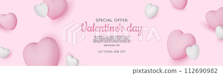 banner with 3d hearts. Holiday banner, web poster, flyer, stylish brochure, greeting card, cover. 112690982