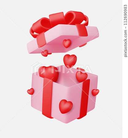 Valentine's day design. Realistic gifts boxes. Open gift box full of decorative festive object. Holiday banner, web poster, flyer, stylish brochure, greeting card, cover. Romantic background 112690983