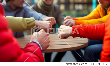 People seated together, extending cupped hands toward each other People seated together, extending cupped hands toward each other 112691007