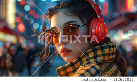 Fashionable coat with a checkered pattern and vibrant red headphones, Generative AI Fashionable coat with a checkered pattern and vibrant red headphones, Generative AI 112691032