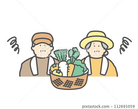 焦慮的老夫婦在農場收割蔬菜 112691059