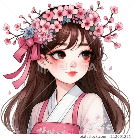 cute woman wearing a flower crown clipart watercolor  112691235