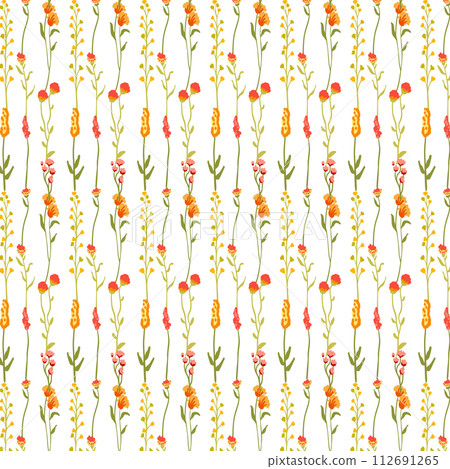 Spring flower branches, exquisite seamless pattern design. Repeating botanical print. Natural blooming herbs. Floral texture and sprigs background for wallpaper, fabric and textile. Flat graphic 112691265
