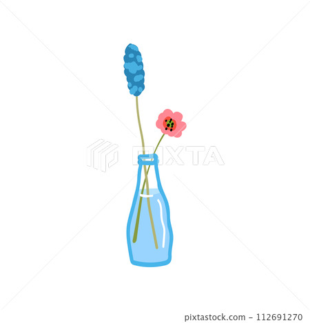 Branch with summer flowers in glass vase. Cut spring blooms in water. Blossomed floral plants, stems. Fresh gentle fragile delicate field wildflowers isolated on white background. Minimalistic flat Branch with summer flowers in glass vase. Cut spring blooms in water. Blossomed floral plants, stems. Fresh gentle fragile delicate field wildflowers isolated on white background. Minimalistic flat 112691270