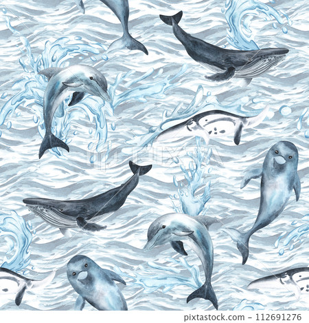 Dolphins and Whales watercolor, nature background, seamless pattern. Hand drawn illustration. For fabric, textile, wallpapers, design. 112691276