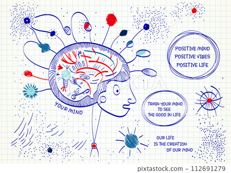 Power Of Mind, psychology and mental health. Simple sketch on notebook page in hand-draw style with human head image. Vector doodle design. Concept of creativity, idea, imagination and design thinking Power Of Mind, psychology and mental health. Simple sketch on notebook page in hand-draw style with human head image. Vector doodle design. Concept of creativity, idea, imagination and design thinking 112691279