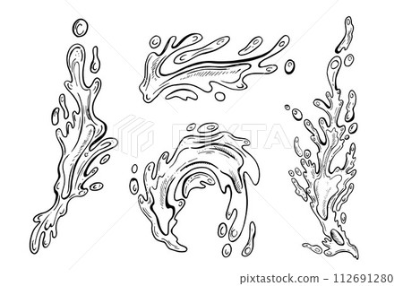 Drops and splashes of water. Outline vector illustration of the water splash element. Sketch doodle line illustration. Hand drawn. For design, web, advertisement 112691280