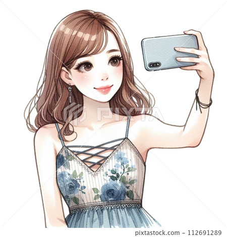 cute woman Take a selfie clipart watercolor  112691289