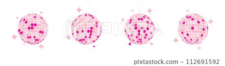 Set of pink discoballs. Night music party mirrorballs in 70s 80s 90s discotheque style. Shining nightclub globes with glitters. Nightlife, holiday or celebration symbols. Vector flat illustration Set of pink discoballs. Night music party mirrorballs in 70s 80s 90s discotheque style. Shining nightclub globes with glitters. Nightlife, holiday or celebration symbols. Vector flat illustration 112691592
