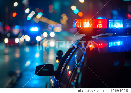 AI-generated content. police car lights at night in city street with selective focus and bokeh 112691608