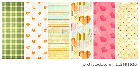 Set of vertical or horizontal banners with old paper texture and retro patterns with strips, dots and hearts. Vintage backgrounds with grunge paper material. Copy space for text 112691620