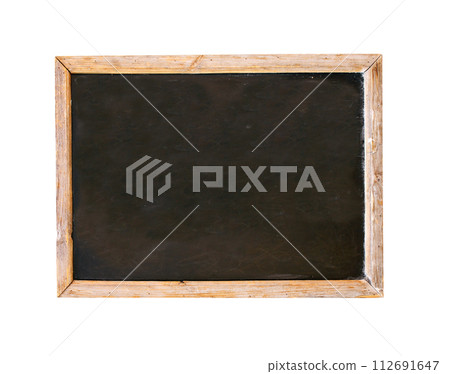 Advertising billboard in retro style with chalkboard and wooden frame. Cafe menu or pointer board for writing information. Isolated on white background. Vintage blank restaurant menu blackboard sign 112691647