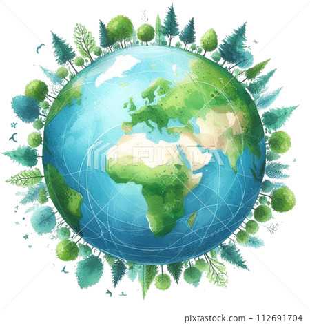 The globe is surrounded by trees clipart watercolor 112691704