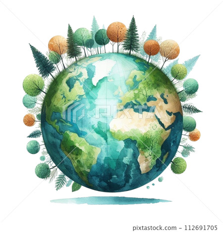 The globe is surrounded by trees clipart watercolor 112691705
