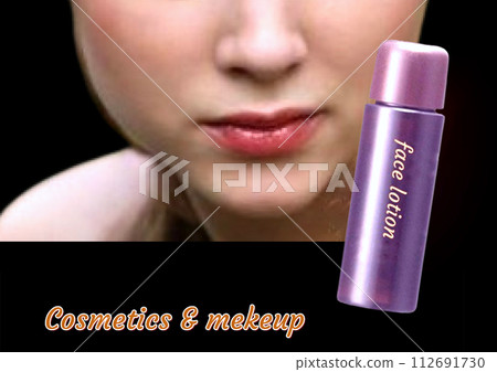 Close-up of a lotion bottle and a woman's mouth - Cosmetic image Close-up of a lotion bottle and a woman's mouth - Cosmetic image 112691730