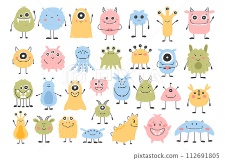 Set with cute monsters in flat style. Hand drawn kids monsters. vector illustration. Isolated mascot. 112691805