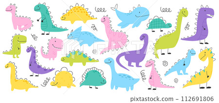 Set of cute dinosaurs in scandinavian style. Collection of baby dino isolated on white background. Vector illustration. 112691806