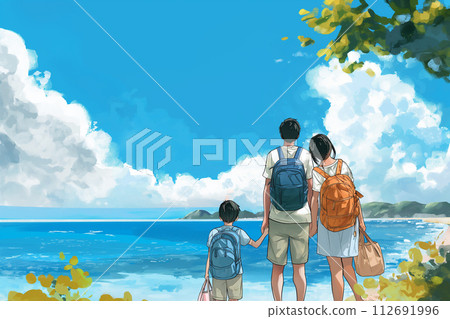 A family relaxing on a beautiful tropical beach 112691996