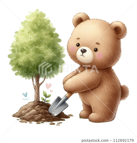 Bear planting trees clipart watercolor 112692179