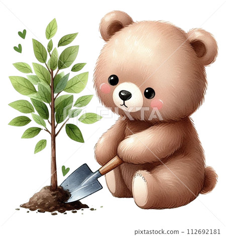 Bear planting trees clipart watercolor 112692181