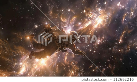 Astronaut in Spacesuit Floating Freely In Outer Space, Glittering Stars, Galactic Dust. AI Generated 112692216