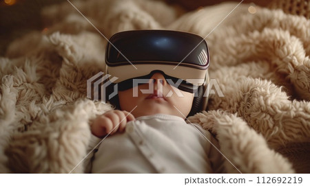 Sleeping Newborn Calmed By Virtual Reality Headset. Parenting Aid for Soothing a Baby. AI Generated Sleeping Newborn Calmed By Virtual Reality Headset. Parenting Aid for Soothing a Baby. AI Generated 112692219