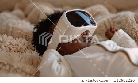 Sleeping Black Newborn Calmed By Virtual Reality Headset. Parenting Aid for Soothing. AI Generated Sleeping Black Newborn Calmed By Virtual Reality Headset. Parenting Aid for Soothing. AI Generated 112692220