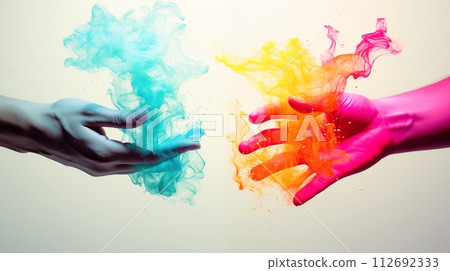 Two artists hands blend colors, expressing creativity and collaboration, AI Generated 112692333