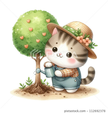 cat planting trees clipart watercolor 112692378