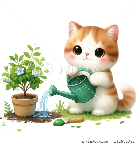 cat planting trees clipart watercolor 112692382