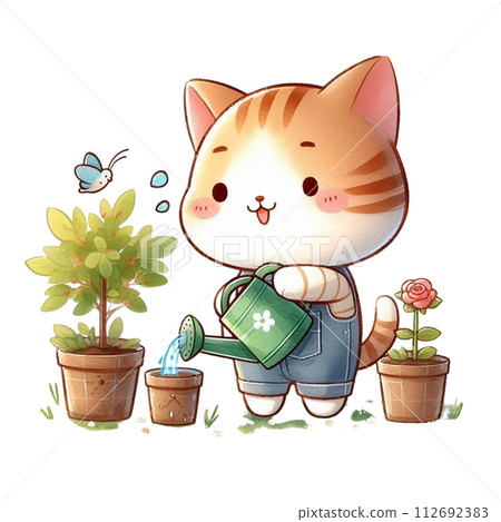 cat planting trees clipart watercolor 112692383